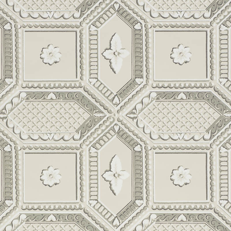Lacunaria stone colorway wallpaper with a trompe l'oeil coffered ceiling pattern and stylized florettes by Schumacher