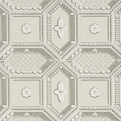 Lacunaria stone colorway wallpaper with a trompe l'oeil coffered ceiling pattern and stylized florettes by Schumacher