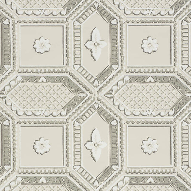 Lacunaria stone colorway wallpaper with a trompe l'oeil coffered ceiling pattern and stylized florettes by Schumacher