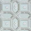 Lacunaria Sky by Schumacher, a trompe l'oeil wallpaper with coffered ceiling and floral motifs in blue and white.