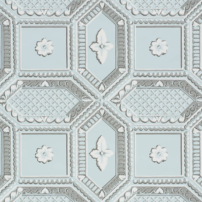Lacunaria Sky by Schumacher, a trompe l'oeil wallpaper with coffered ceiling and floral motifs in blue and white.