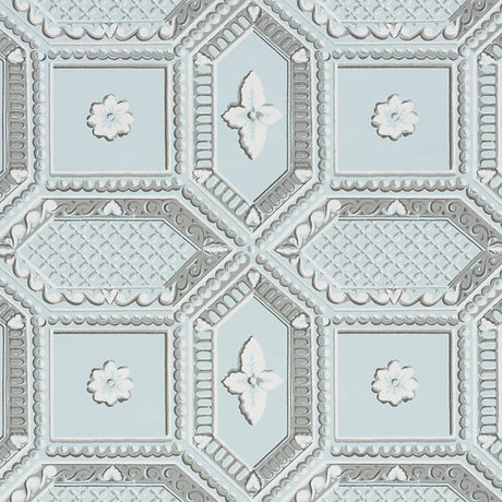 Lacunaria Sky by Schumacher, a trompe l'oeil wallpaper with coffered ceiling and floral motifs in blue and white.