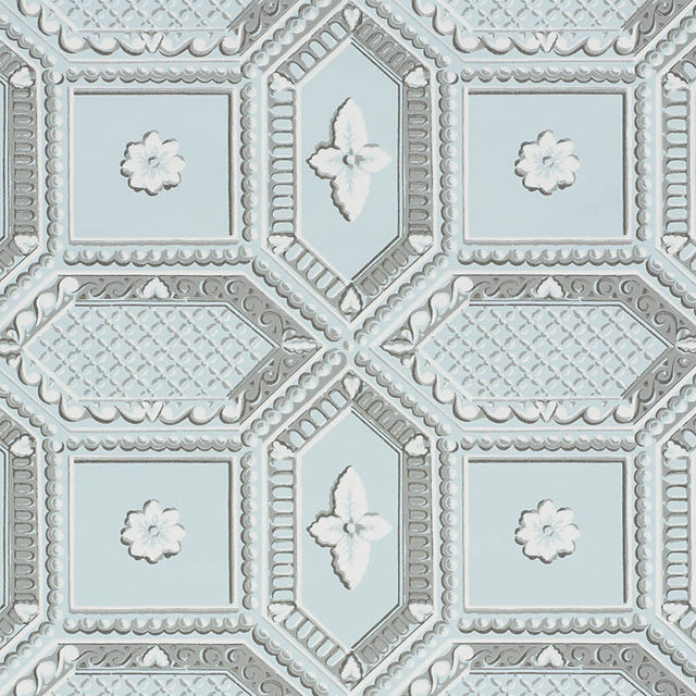 Lacunaria Sky by Schumacher, a trompe l'oeil wallpaper with coffered ceiling and floral motifs in blue and white.