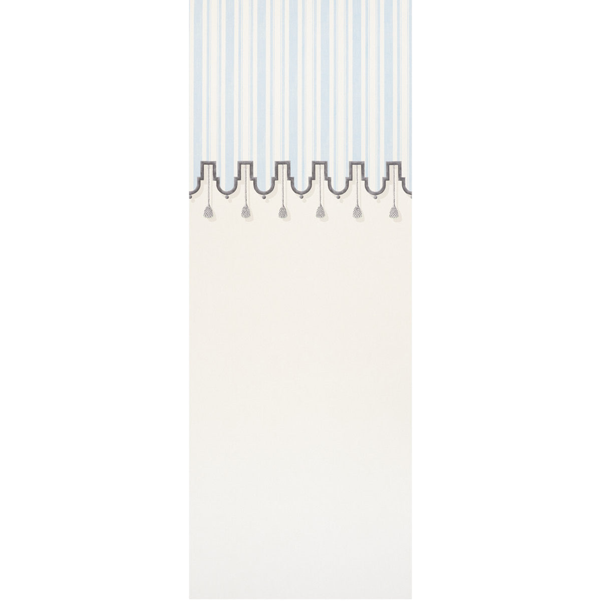 Villa Panel wallpaper in Sky by Schumacher, designed by Miles Redd, featuring a tented room effect with scalloped border and painterly tassels.