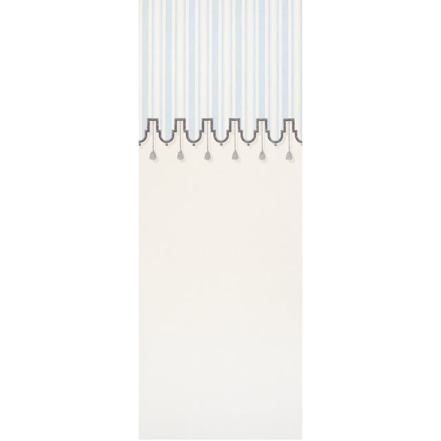 Villa Panel wallpaper in Sky by Schumacher, designed by Miles Redd, featuring a tented room effect with scalloped border and painterly tassels.
