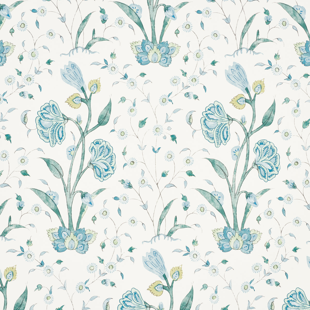 Khilana Floral wallpaper in Peacock by Schumacher, a large-scale stylized floral inspired by traditional Indian motifs in blue and green tones.