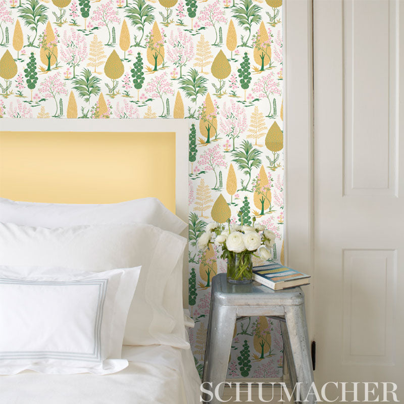 Pandora Yellow & Pink by Schumacher Whimsical Botanical Wallpaper – Palampore Collection 5009962