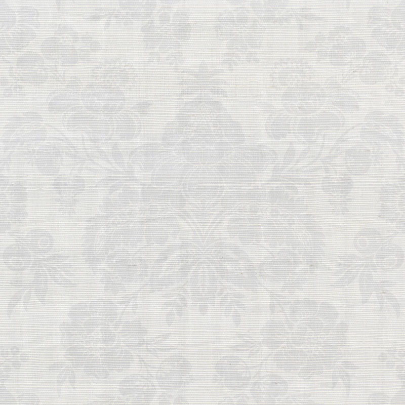 Simone Damask Grasscloth wallpaper in silver, featuring a classic damask pattern printed on textured grasscloth, styled in a modern bedroom setting.