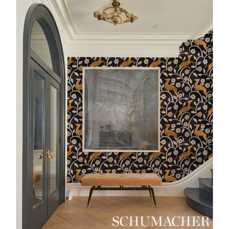 Les Gazelles au Bois Vinyl Noir Art Deco Wallpaper by Schumacher – 5010140