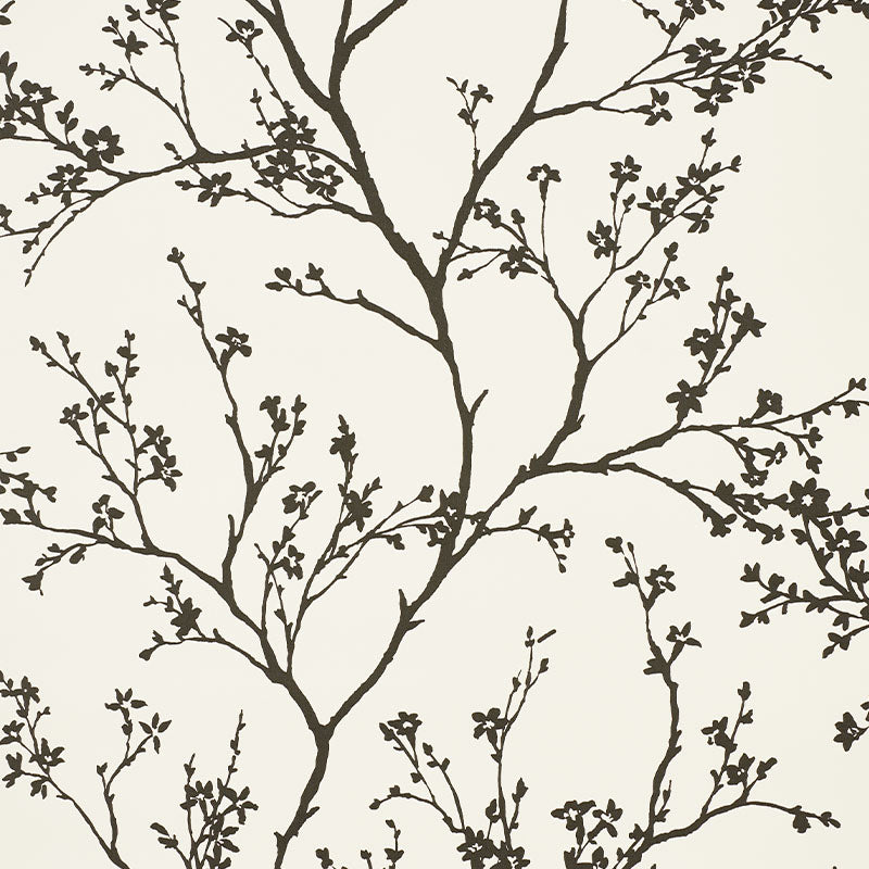 Twiggy Vinyl wallpaper in Black on Ivory by Schumacher, featuring delicate flowering branches silhouetted against a linen-like textured vinyl background.