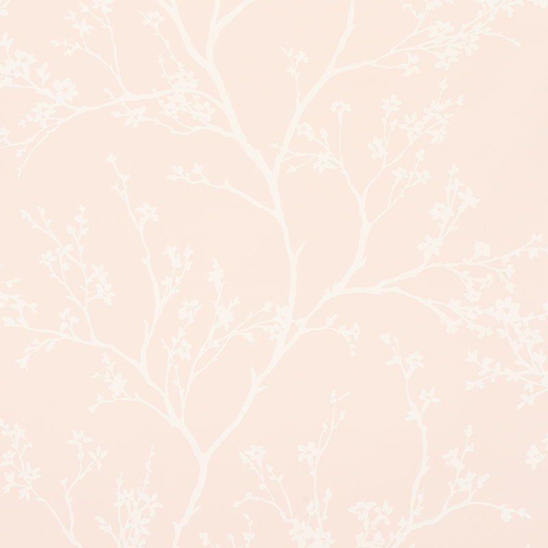Twiggy Vinyl Blush wallpaper with delicate flowering branches on a linen-like textured vinyl background by Schumacher