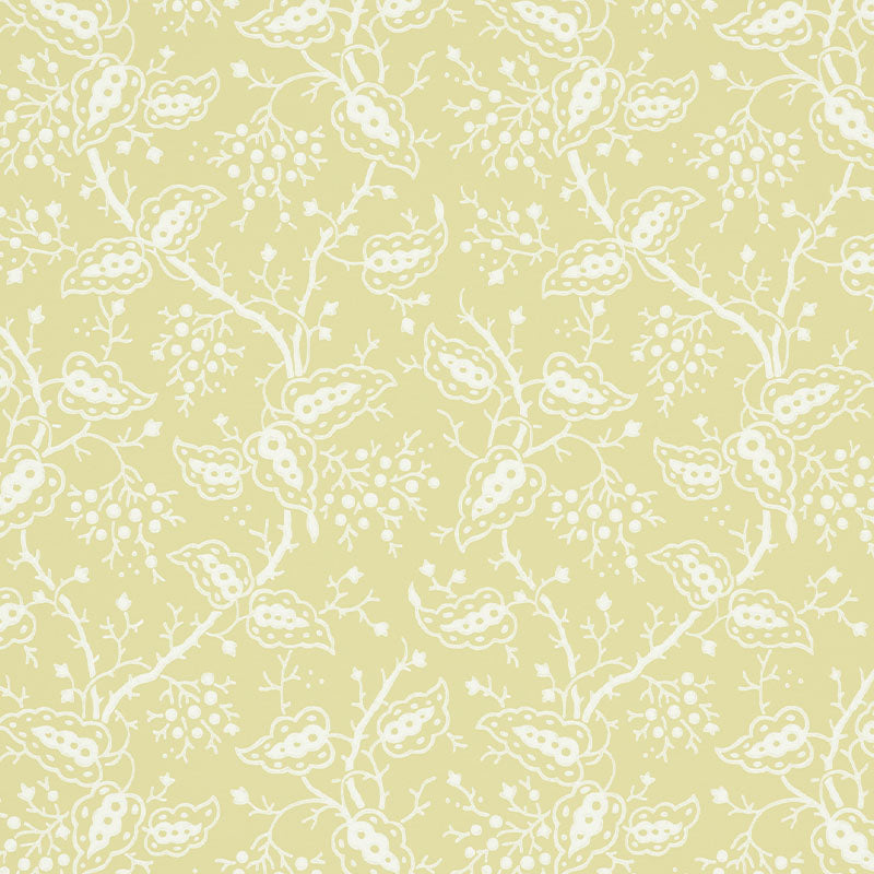 Darby Buttercup botanical climbing-vine wallpaper by Schumacher, surface-printed for raised texture, shown in a soft yellow colorway.