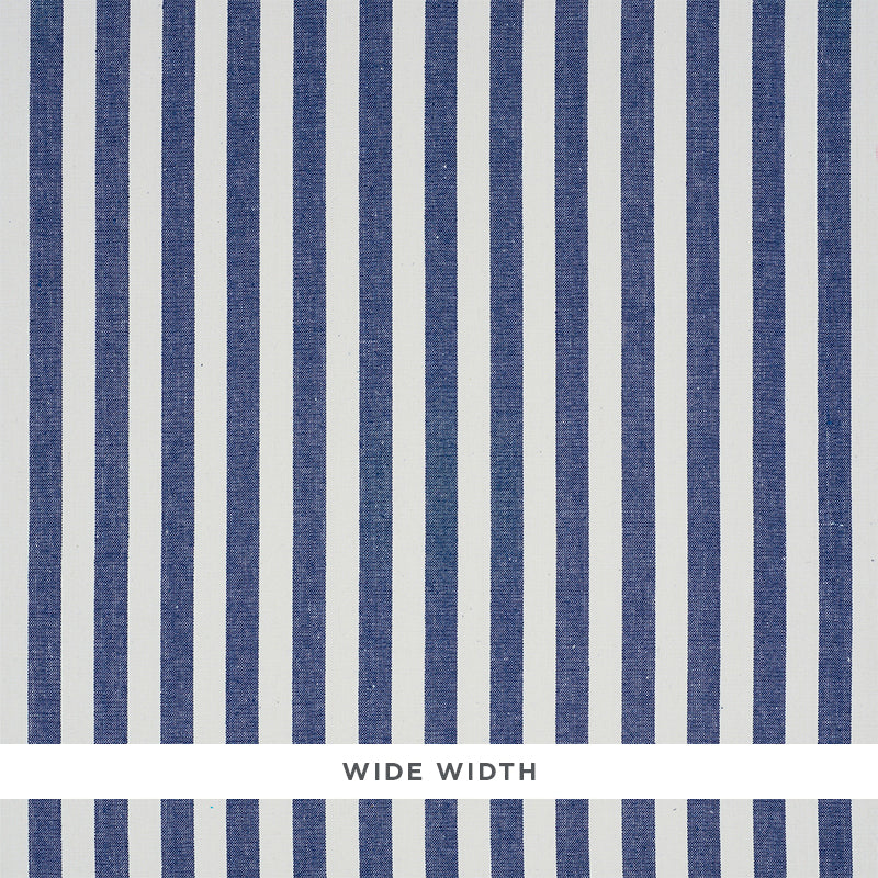 Linen Stripe Indigo wide-width wallpaper with vertical blue and white stripes, Schumacher 5010254
