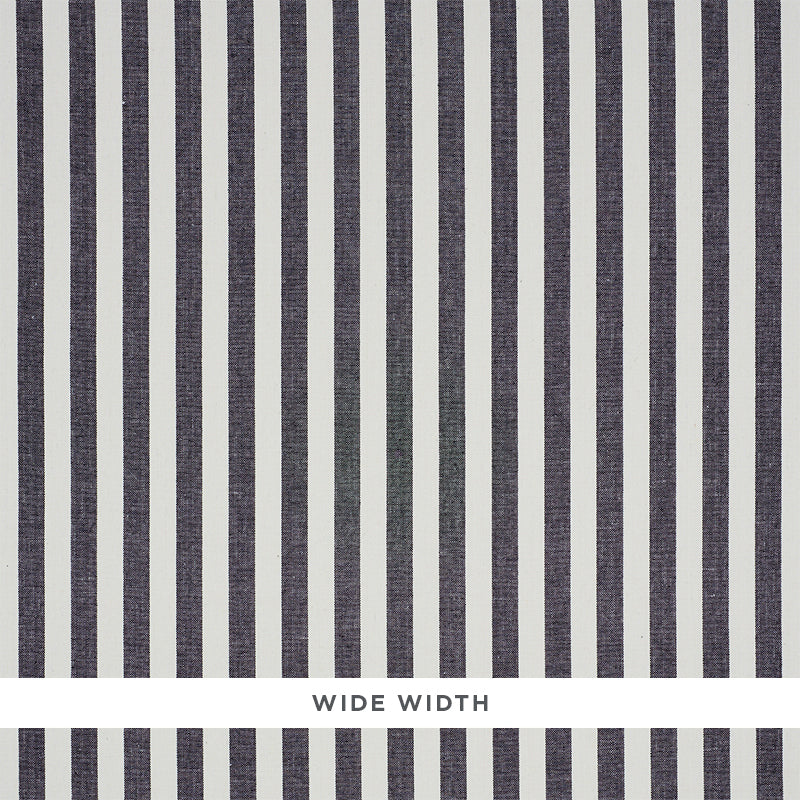 Linen Stripe black and white wide awning stripe wallpaper by Schumacher, elegant silk and linen weave, close-up and full pattern view.