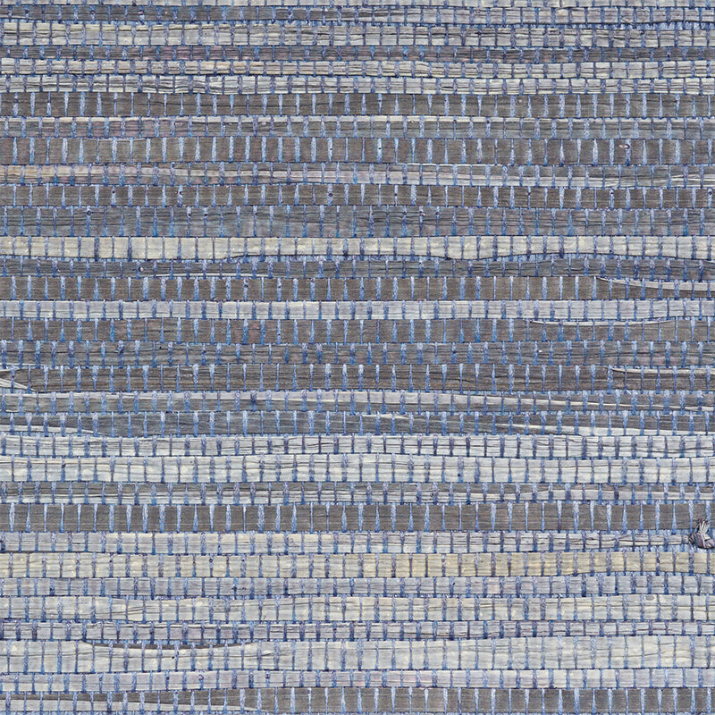 Dyed Raffia Slate textured woven wallcovering by Schumacher, showing irregular horizontal stripes and natural raffia fibers.