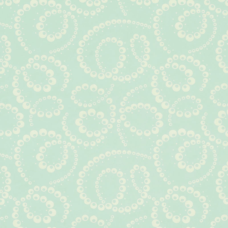 DORIAN Seafoam abstracted botanical swirl wallpaper by Schumacher, shown in a styled bedroom and close-up views.