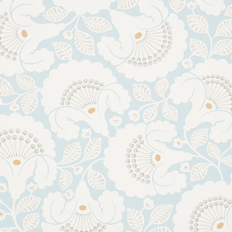 JACKIE wallpaper in Sky by Schumacher features a contemporary Arts & Crafts floral motif in blue and white.