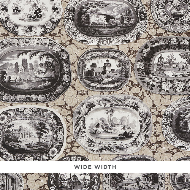 Plates & Platters trompe l'oeil wallpaper by Johnson Hartig for Schumacher, featuring transferware serving dishes on a marbleized neutral background.