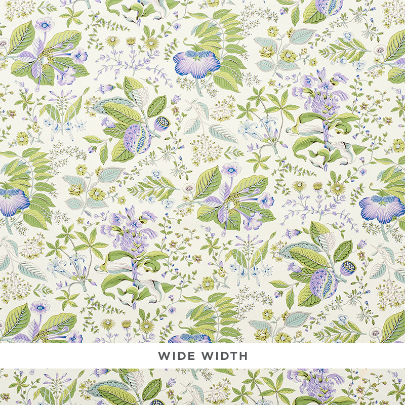 POMEGRANATE BOTANICAL wallpaper in purple and green, a mid-scale botanical print with pomegranates and florals, shown in a bathroom setting.