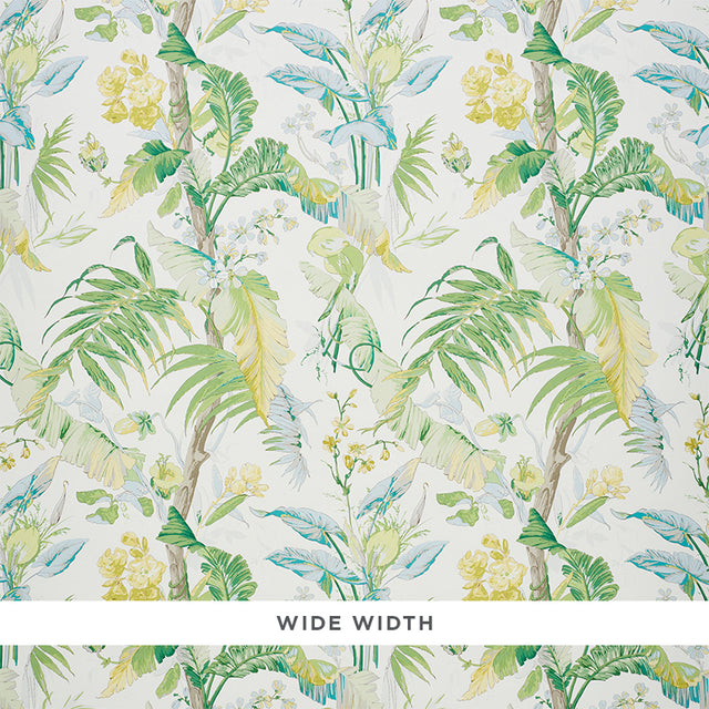 TROPIQUE wallpaper in Citron by Schumacher features a painterly tropical botanical design with interwoven blossoms, leaves, and branches.