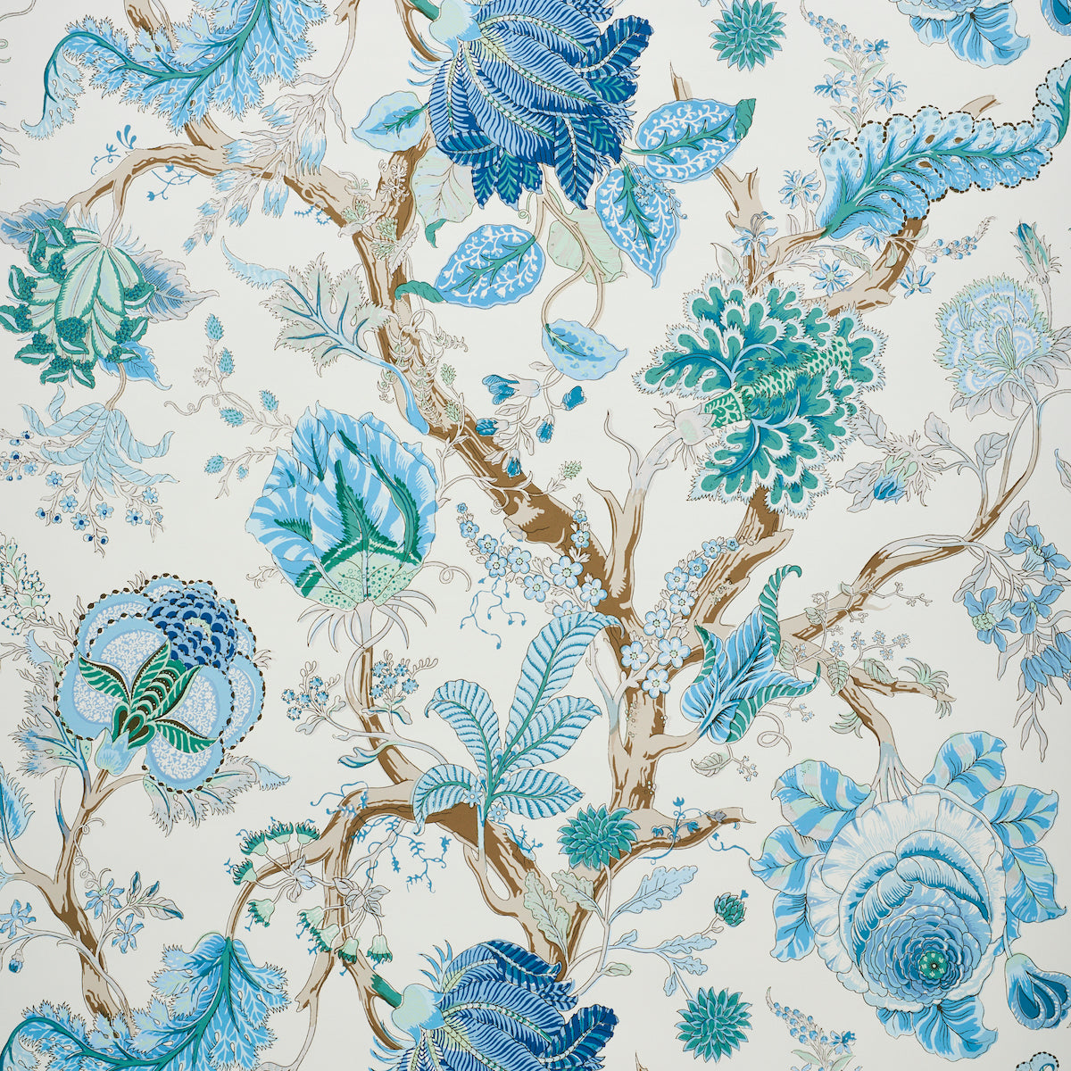 Large-scale floral and botanical wallpaper in peacock blue and emerald green on a white background, Schumacher Indian Arbre 5010492.