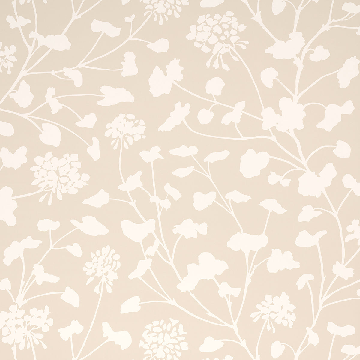 Pennick Neutral floral wallpaper by Schumacher, painterly silhouette botanical wallcovering in beige and white, shown in interior and detail views.