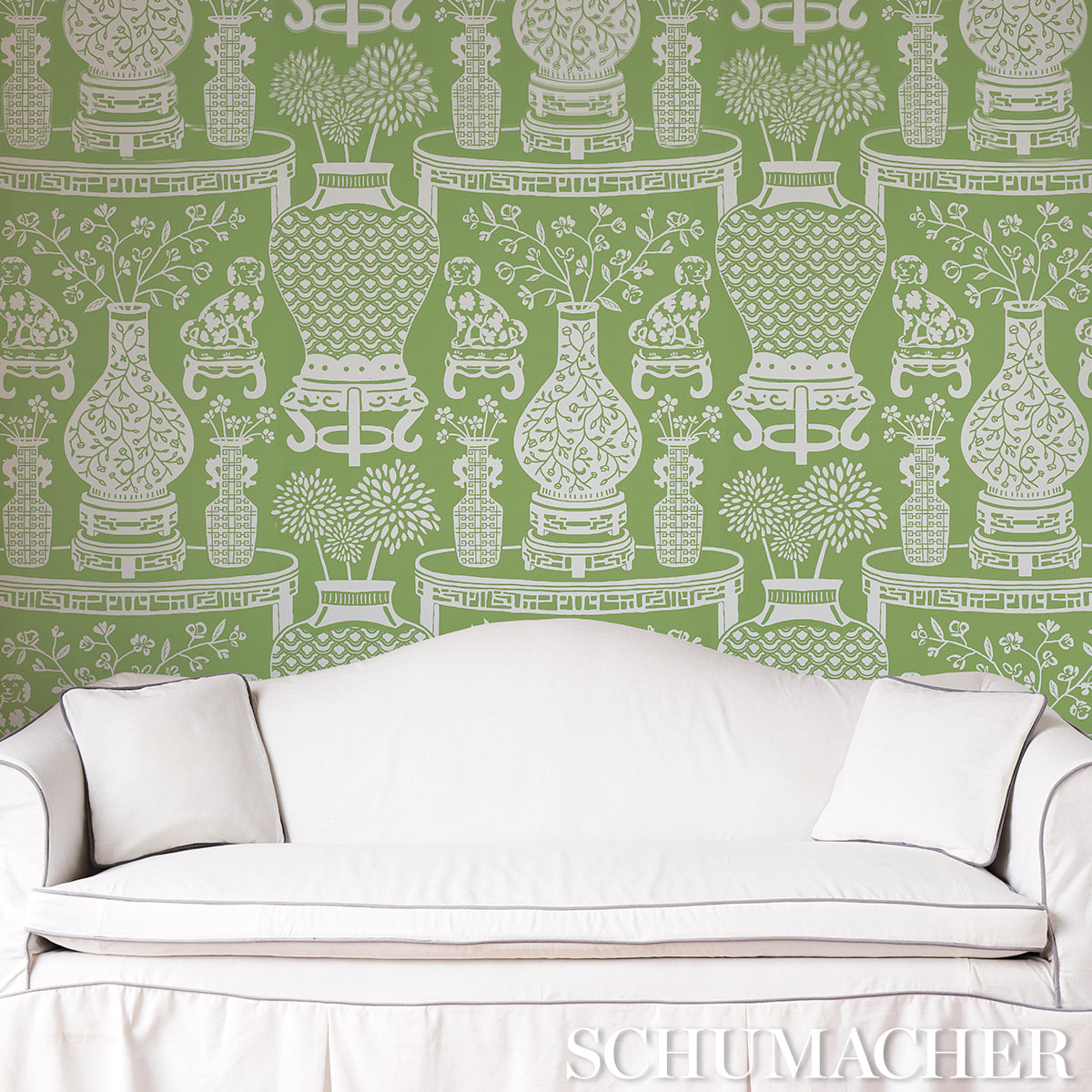 Hellene Green by Schumacher Patterned Vases & Dogs Wallpaper – Preppy Chic Collection 5010552