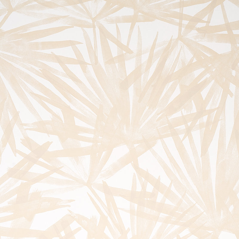 Sunlit Palm Sand wallpaper by Schumacher, featuring a dreamy, dappled palm leaf watercolor design in soft beige tones.