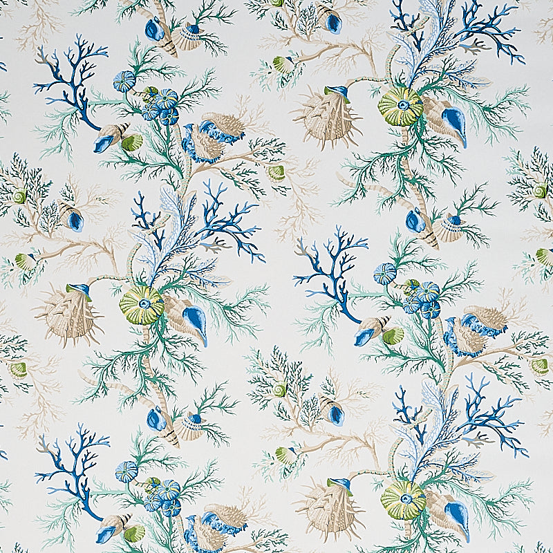 Blue and green coral and sea creature pattern wallpaper, Del Tesoro by Schumacher, shown in a bathroom setting.