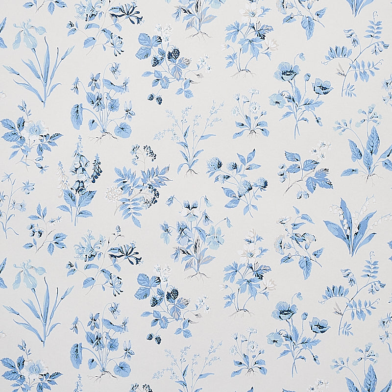 Floreana blue English wildflowers wallpaper by Schumacher, featuring a delicate floral pattern in blue on a light background.