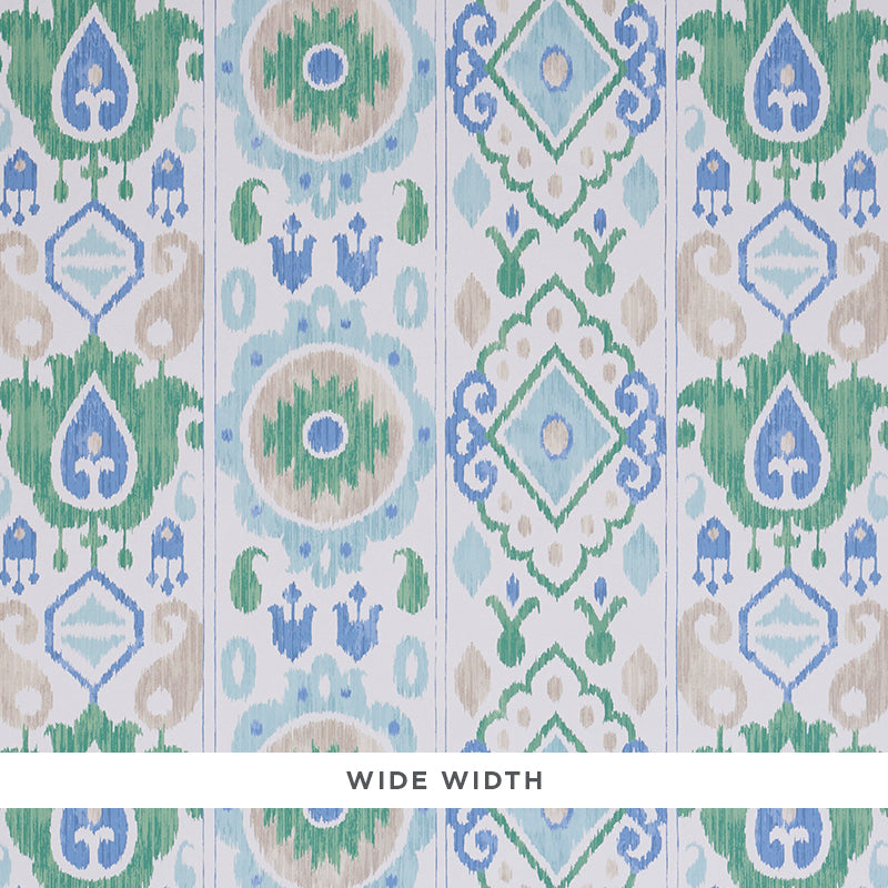 ELIZIA IKAT wallpaper in green and blue, wide-width uncoated nonwoven wallcovering with an ikat-inspired pattern by Schumacher.
