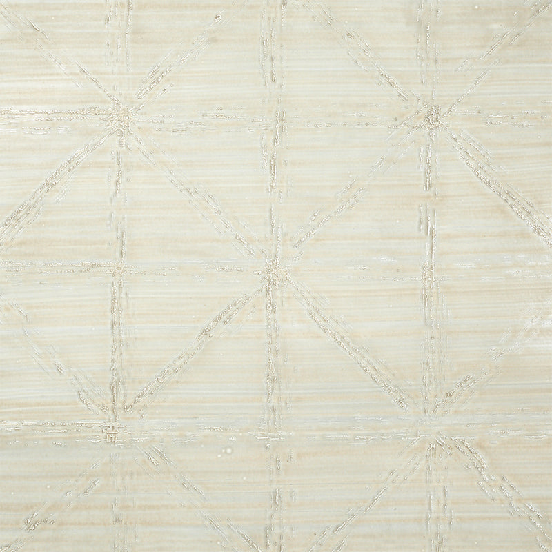 Aventurine Performance Stone by Schumacher, a high performance wallcovering with a loose geometric pattern and pearlescent finish, shown in a styled interior and close-up detail.
