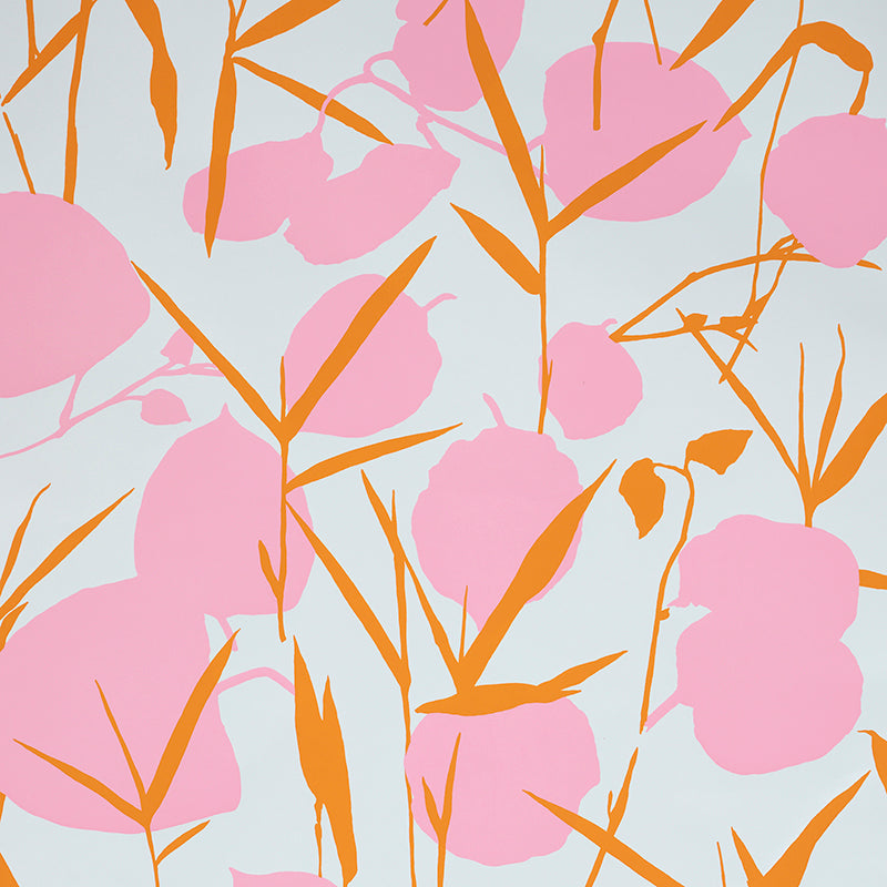 JOAN Pink large-scale floral wallpaper by Schumacher, featuring stylized blooms in a retro-inspired design.