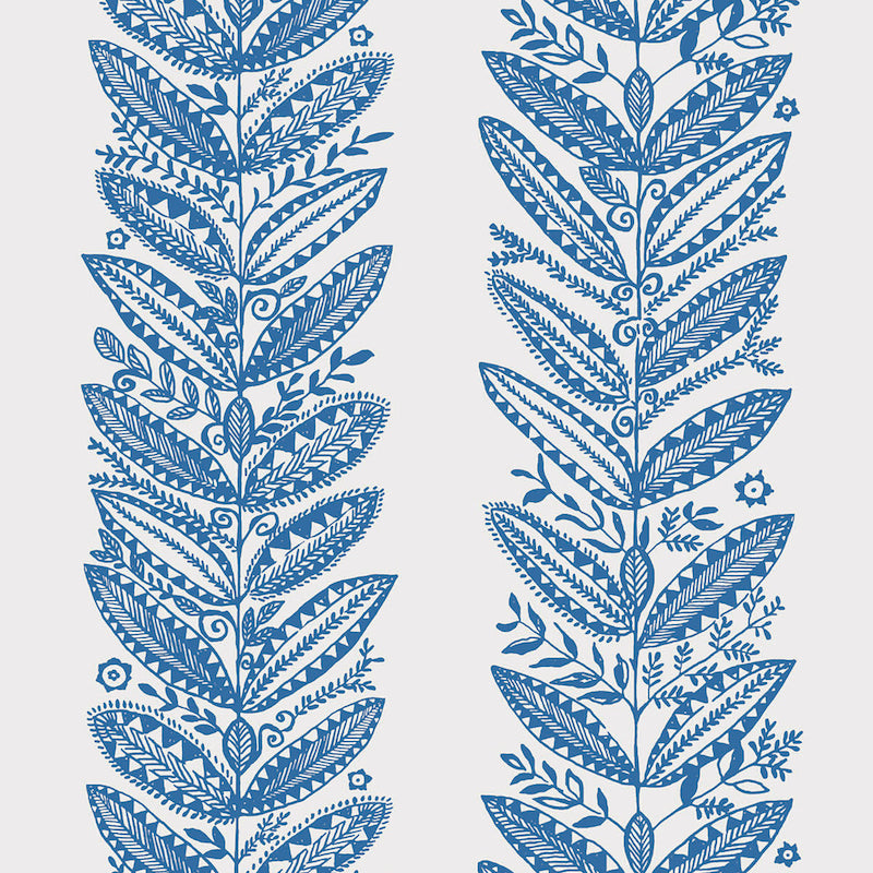 ELAND wallpaper in blue from the SCANDINAVIAN MODERN collection by Schumacher, featuring a bold botanical leaf pattern.