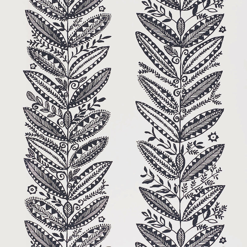 ELAND wallpaper in black by Schumacher, featuring a Scandinavian modern botanical pattern with stylized leaves and intricate details.