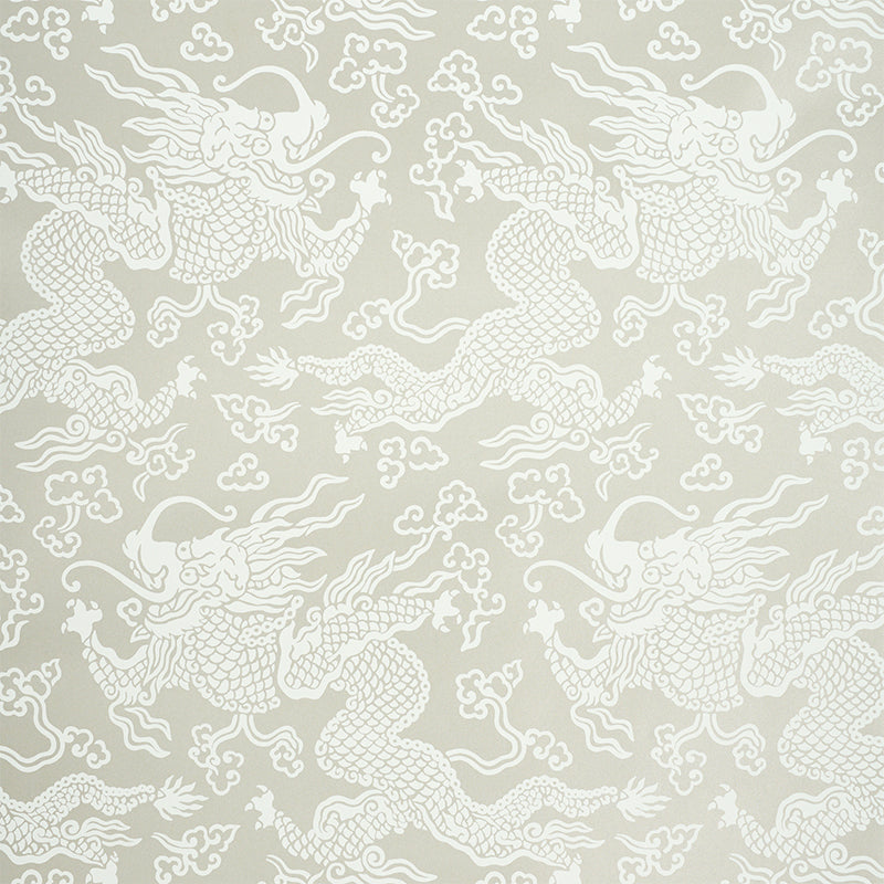Ruan Dragon Damask wallpaper in warm silver with Art Deco chinoiserie dragon motif by Schumacher