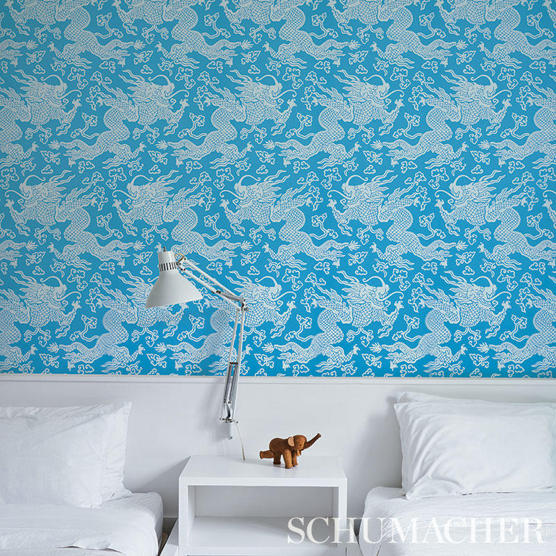 Ruan Dragon Damask Blue by Schumacher Art Deco Chinoiserie Wallpaper – Schumacher 5010881