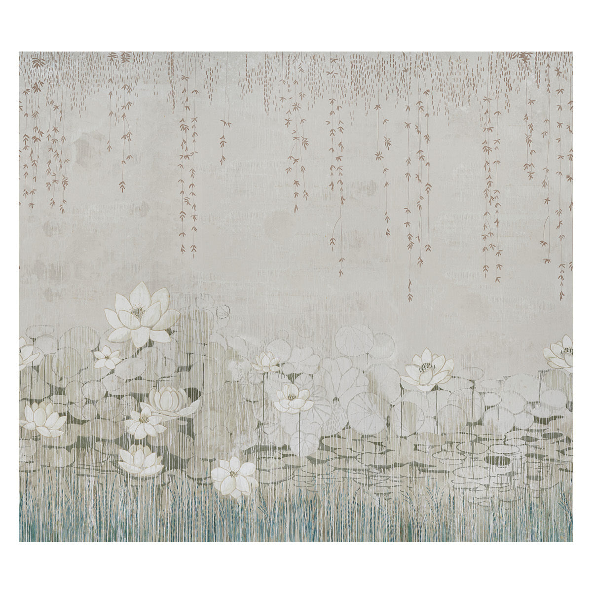 Ethereal water garden mural wallpaper with lily pads, lotuses, and wispy vines in soft leaf tones by Colette Cosentino for Schumacher.