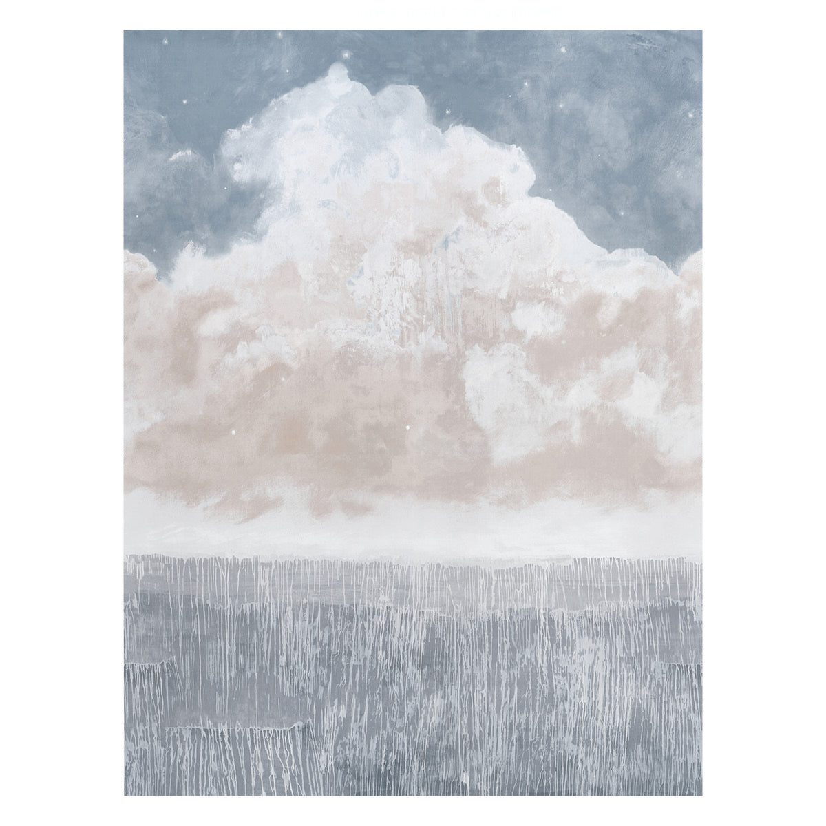 Sirene Panel Set mural by Colette Cosentino for Schumacher, dusk colorway, abstract sky and sea design, installed in a bedroom setting.