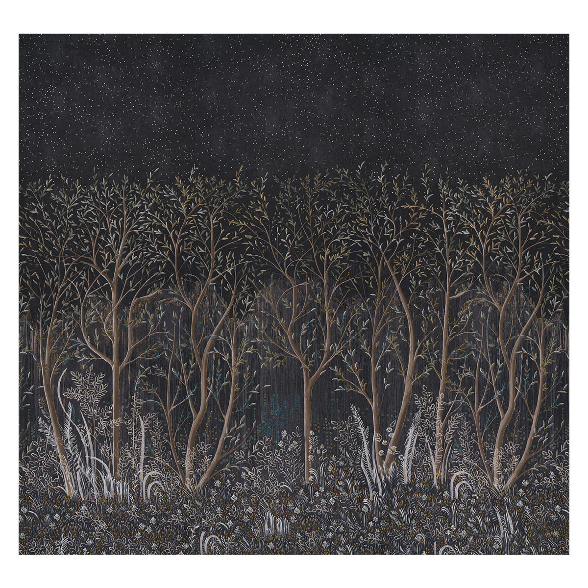 Brindille Golden Accented Panel Set by Colette Cosentino for Schumacher. Dark, moody forest mural with golden accents and intricate tree details.