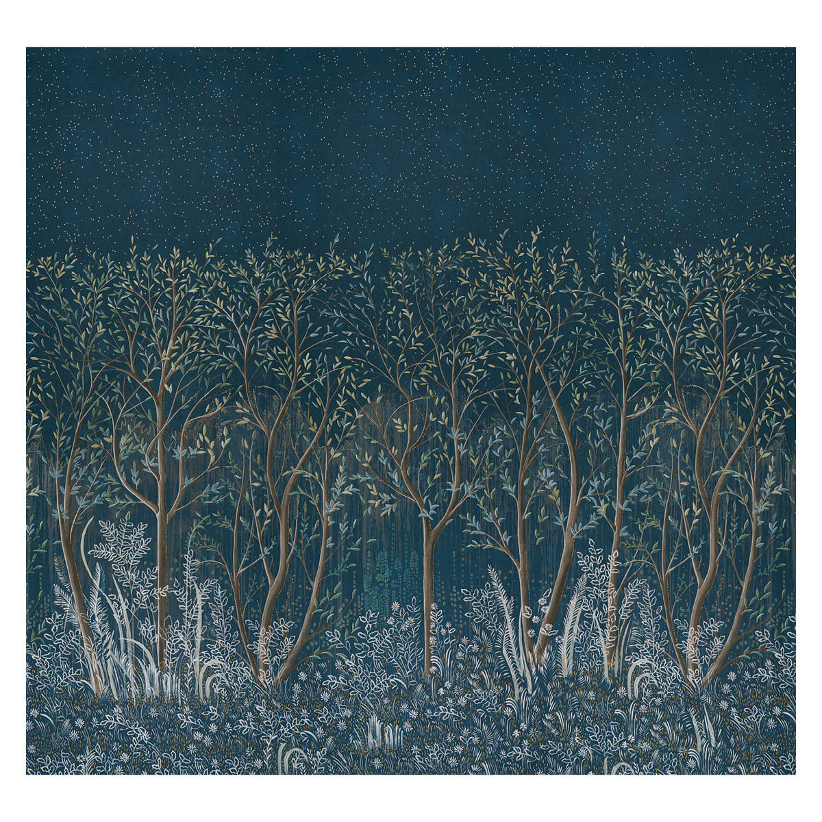 Brindille Golden Accented Panel Set by Colette Cosentino for Schumacher, featuring a dark, moody forest scene with golden accents and intricate botanical details.