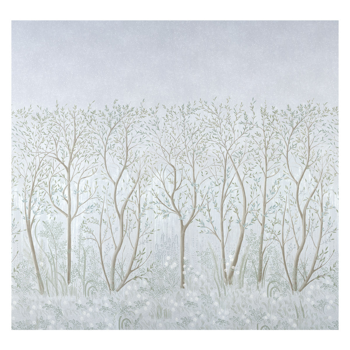 Brindille Golden Accented Panel Set by Colette Cosentino for Schumacher. Artistic forest mural in mineral tones with delicate tree and leaf details.