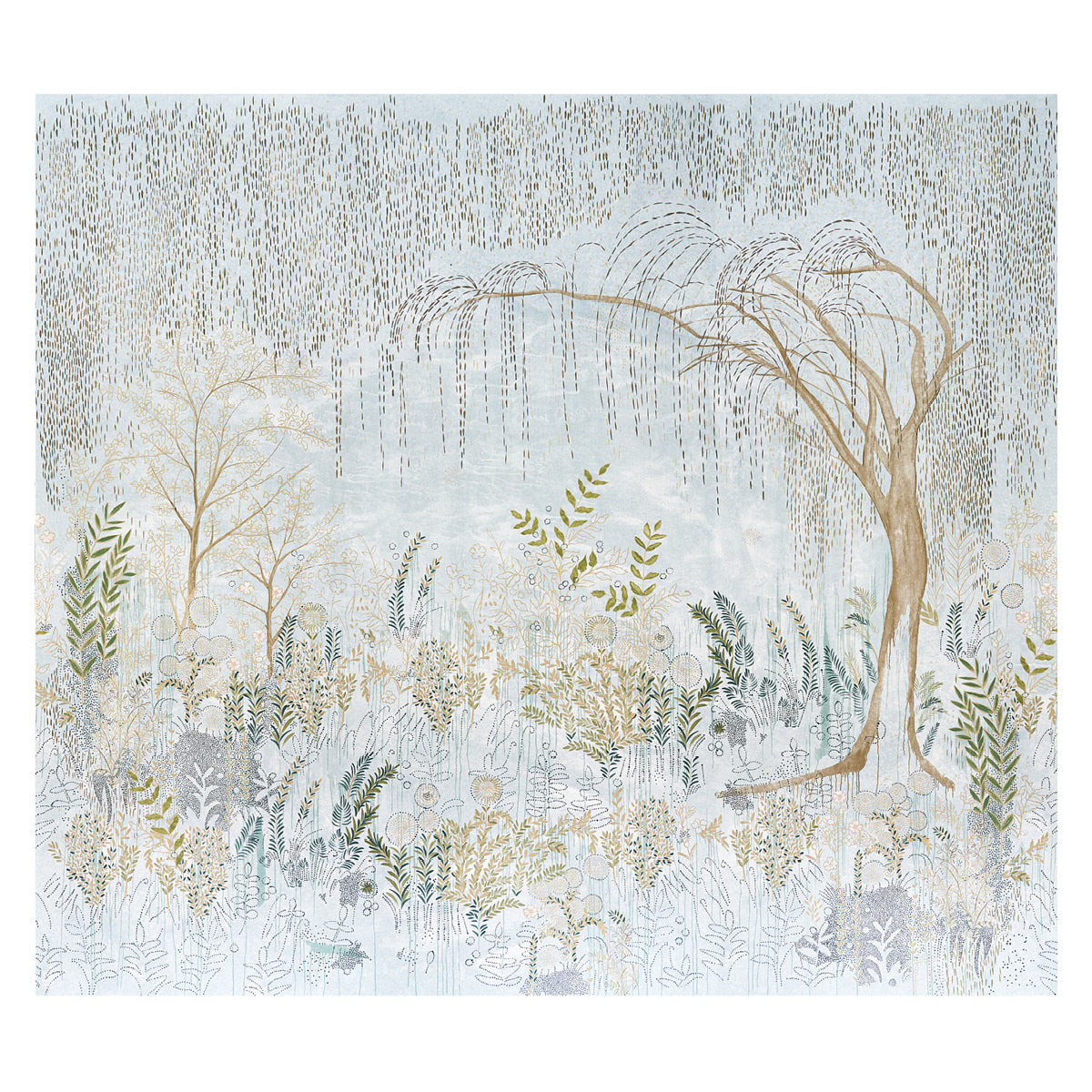BISOU PANEL SET mural by Colette Cosentino for Schumacher, featuring a dreamy weeping willow and botanical landscape in mineral tones.