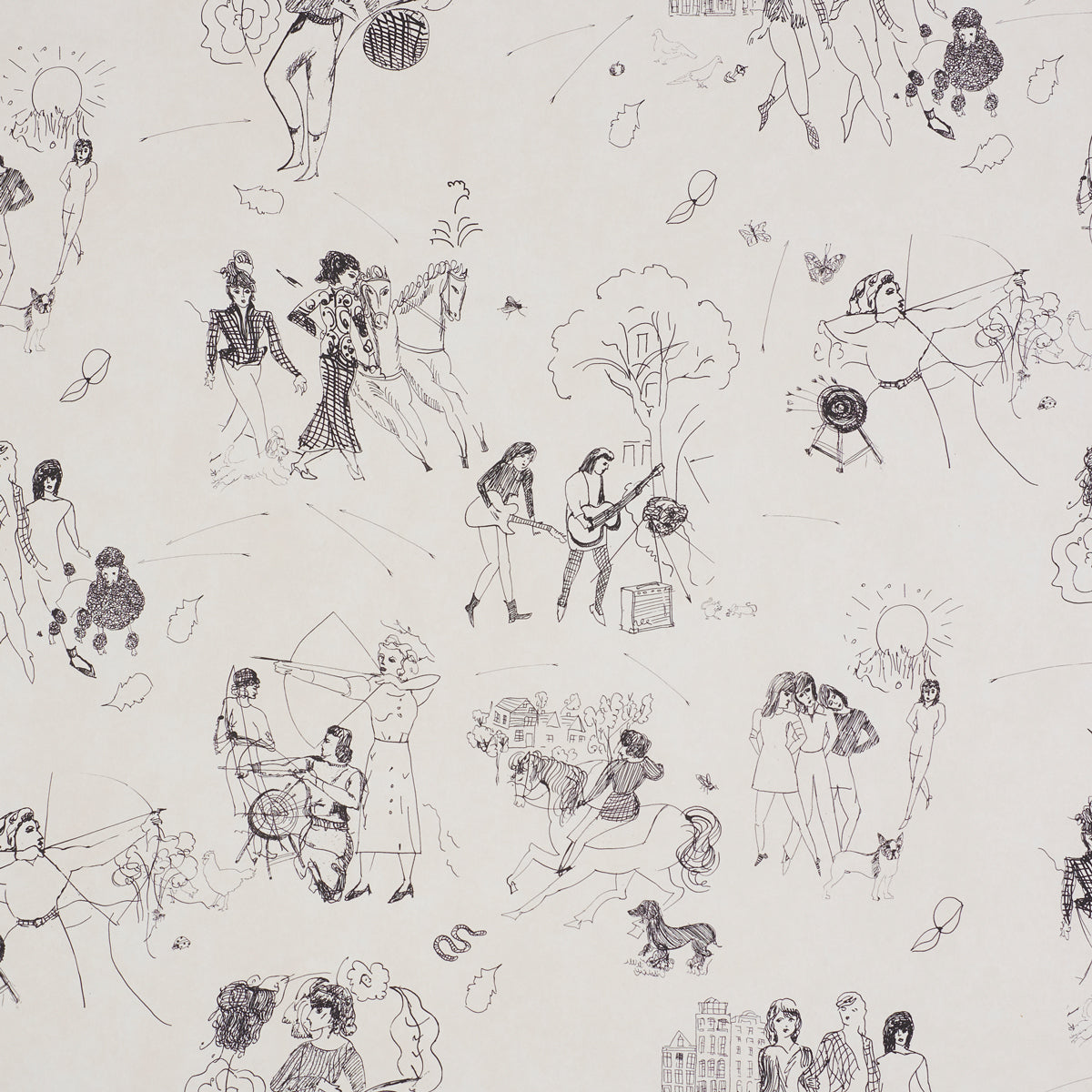 Toile de Femmes wallpaper by Schumacher featuring whimsical line drawings of women in various activities on a parchment background.