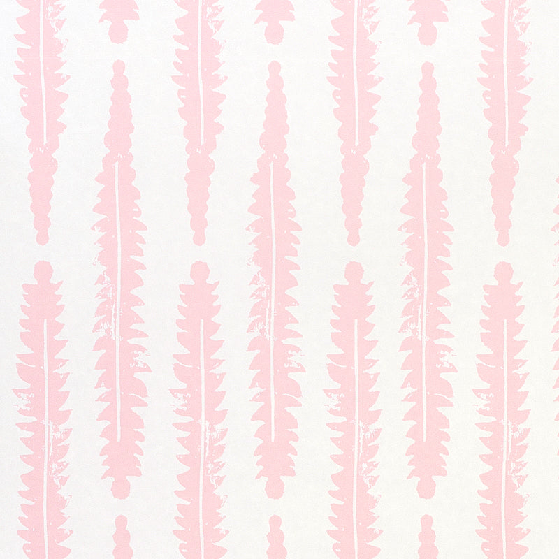 Fern Pink by Molly Mahon for Schumacher. Graphic hand block print inspired by English countryside foliage, shown in pink on white.