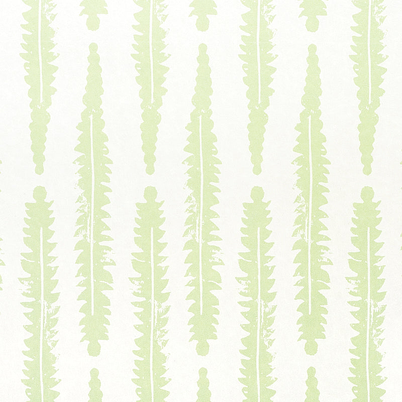 Fern Sage by Molly Mahon for Schumacher – graphic botanical wallpaper in a hand block print style, shown in light green on white.