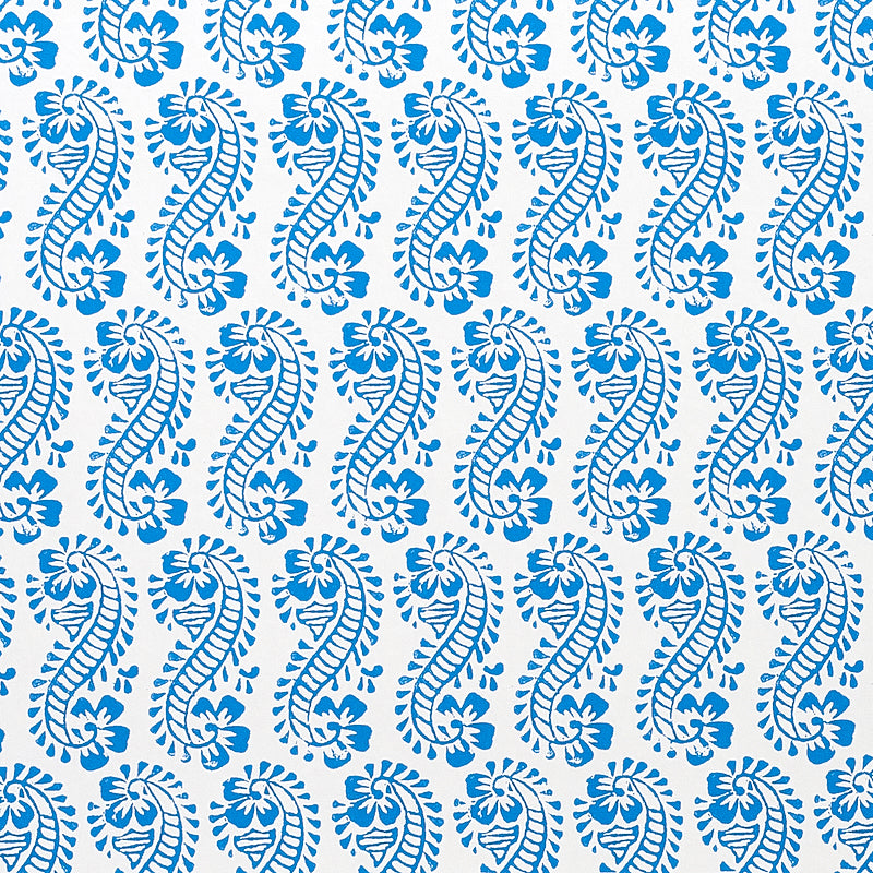 LANI by Molly Mahon for Schumacher. Blue paisley and botanical block print wallpaper on white background.