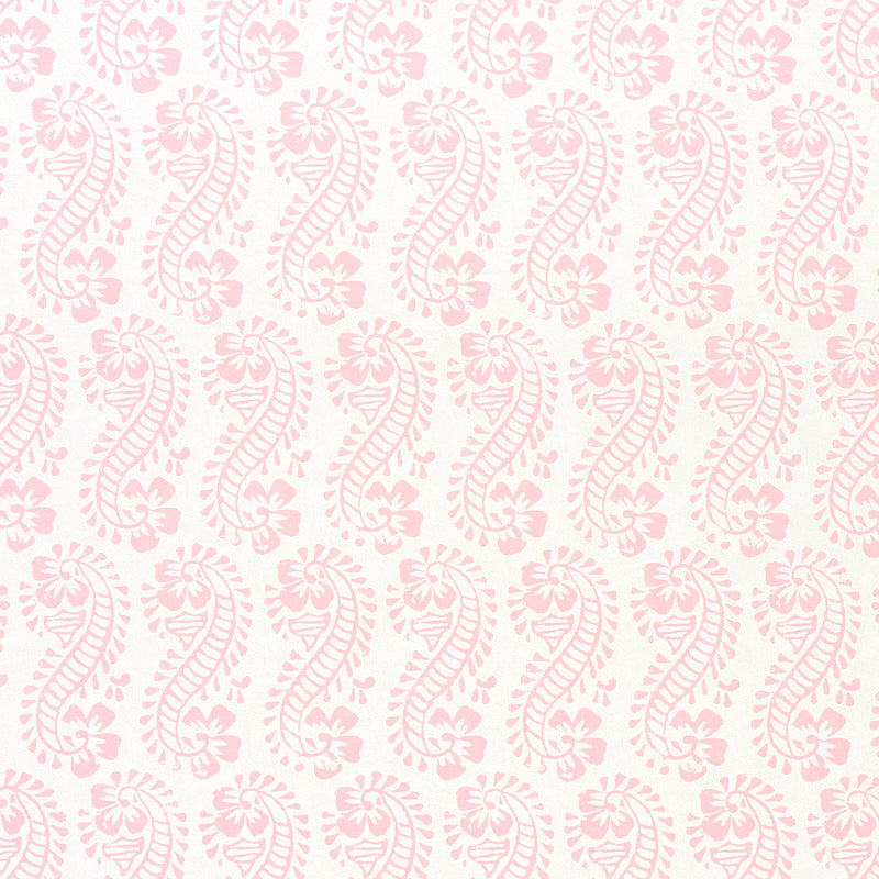 LANI by Molly Mahon for Schumacher. Pink paisley and botanical block print wallpaper in a lighthearted, tropical-inspired design.