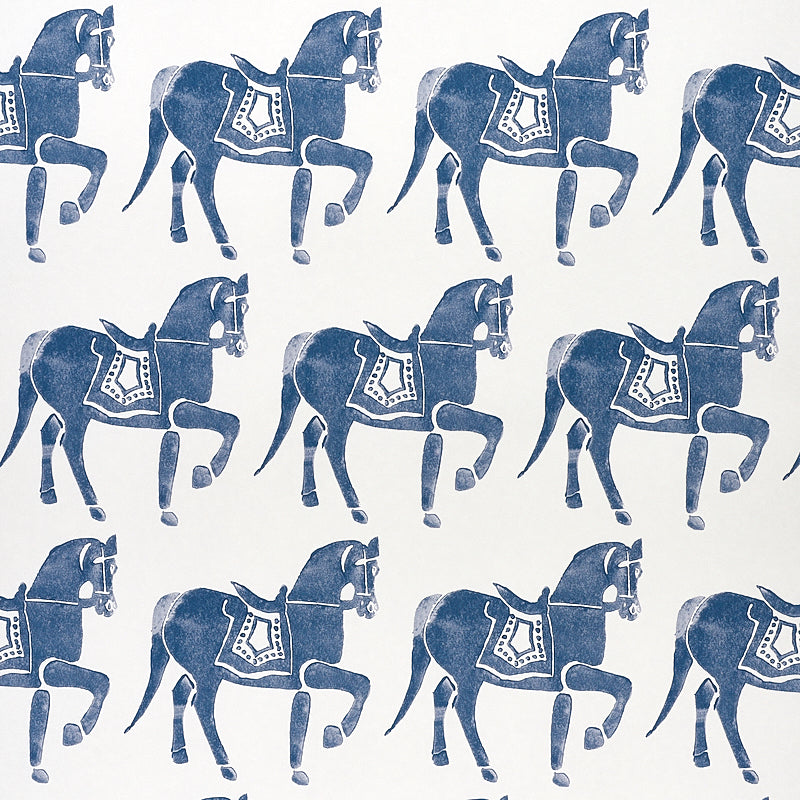 Marwari Horse wallpaper in navy by Molly Mahon for Schumacher, featuring whimsical block-printed horses inspired by Rajasthani design.