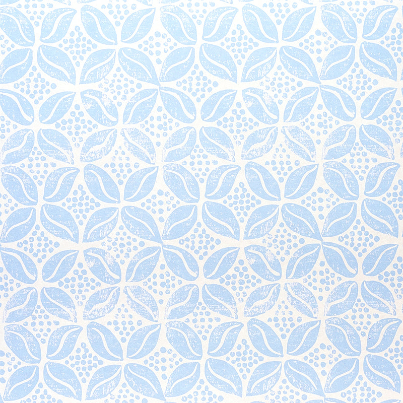 COFFEE BEAN wallpaper in Sky by Molly Mahon for Schumacher, a playful blue and white hand block print pattern inspired by the Arab coffee bean motif.